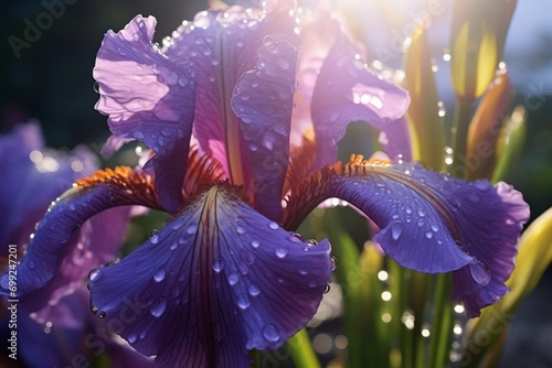 A close-up of a delicate, unbroken purple iris flower, symbolizing protection and dignity, with morning dew drops on its petals, under soft sunlight. photo