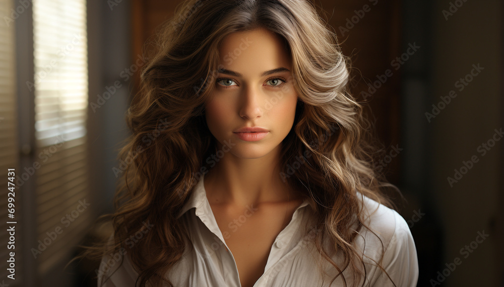 Fototapeta premium Young woman with long brown hair looking confidently at camera generated by AI