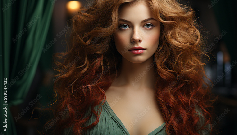 Naklejka premium Beautiful woman with long, curly blond hair, looking at camera generated by AI