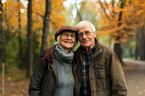 happy retired senior couple in the park enjoying retirement and an active healthy lifestyle © sam