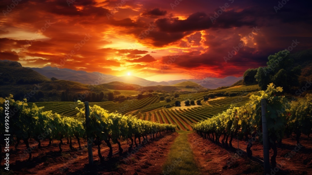 Rows of vineyards in the countryside at sunset