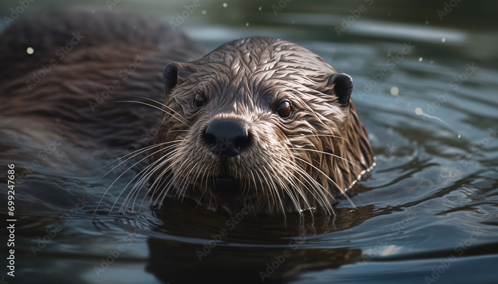 Cute seal swimming in blue pond, looking at camera generated by AI Cute seal swimming in blue pond, looking at camera generated by AI