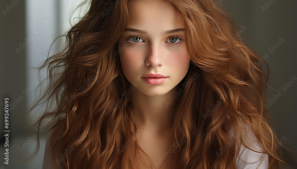 Beautiful woman with long brown hair looking at camera sensually generated by AI Beautiful woman with long brown hair looking at camera sensually generated by AI