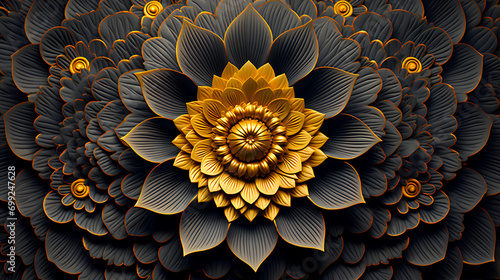stunning, layered flower sculpture with dark leaves and golden petals, creating a mesmerizing pattern with a three-dimensional effect