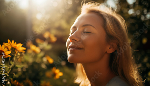 Smiling young woman enjoys nature beauty in the summer sunset generated by AI