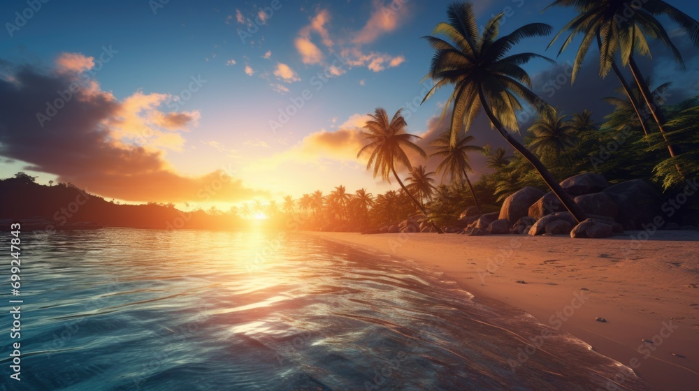 sunset on a deserted beach surrounded by palm trees and ocean