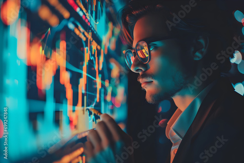 financial charts overlay with background of Portrait of Stock Market Trader Doing Analysis of Investment Charts, Graphs. Financial Analyst, Digital Entrepreneur Successfully Trading