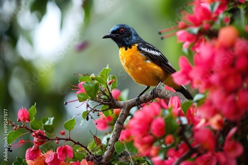 black and orange bird on brown tree branch © Natalia