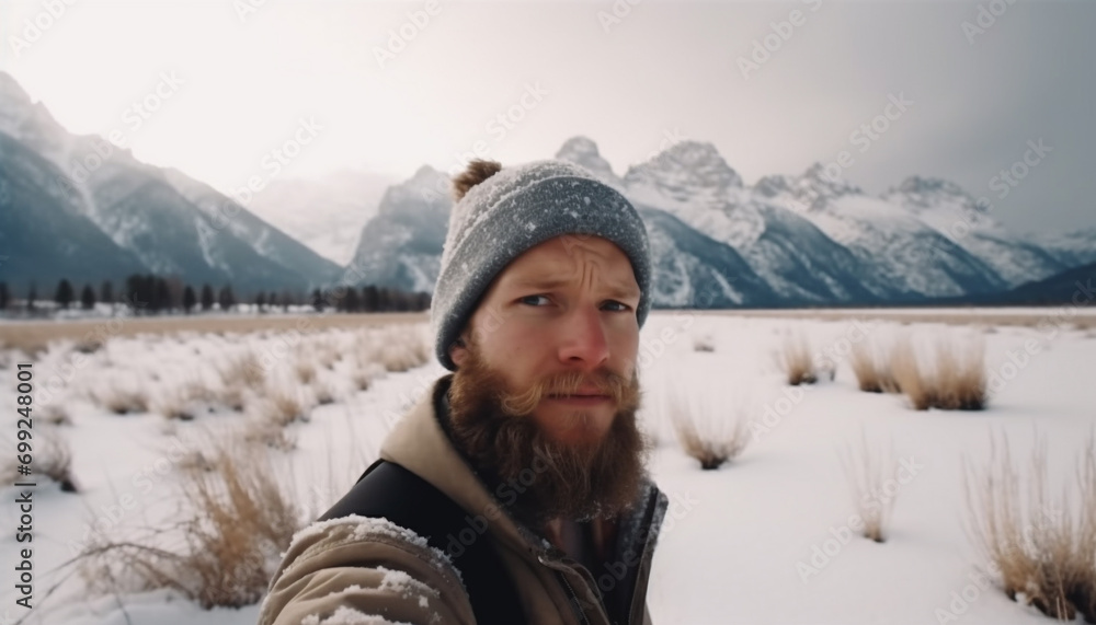 A young man hiking in the winter mountains, smiling and looking at the camera generated by AI