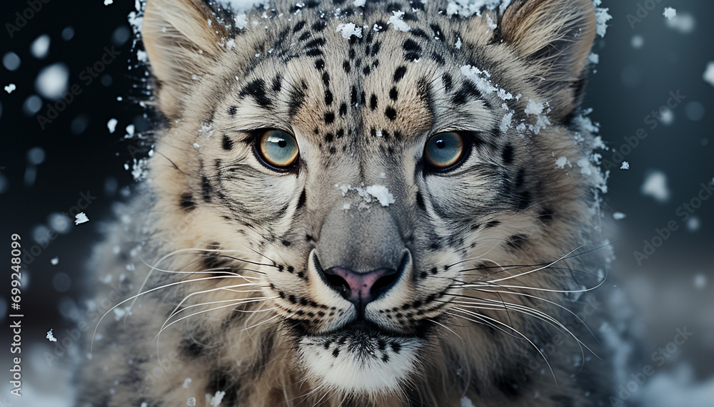 Fototapeta premium Majestic snow leopard staring, wild beauty in nature tranquility generated by AI