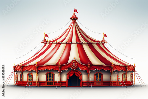 Classic red and yellow marquee isolated design element. Carnival, funfair, festival. Cartoon striped pavilion