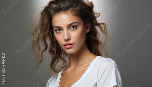 Young woman with long brown hair looking at camera, beautiful generated by AI