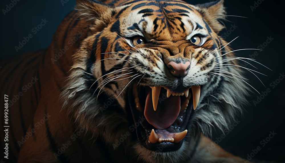Majestic Bengal tiger roaring, fierce and dangerous in the wild generated by AI