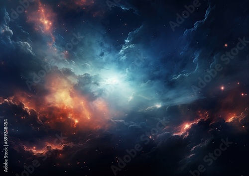 A celestial space scene, featuring a nebula of blue and orange gradients, lit by distant stars.
