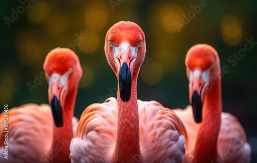 Beautiful flamingos walking in the water 