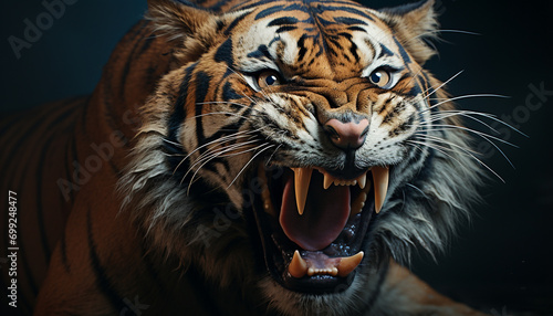 Majestic Bengal tiger roaring, fierce and dangerous in the wild generated by AI © djvstock