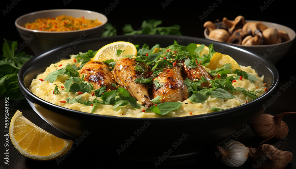 Grilled chicken fillet with fresh vegetables, healthy and delicious generated by AI Grilled chicken fillet with fresh vegetables, healthy and delicious generated by AI
