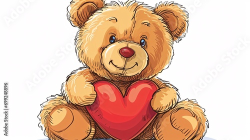 Adorable Teddy Bear Holding a Large Red Heart in a Vector Cartoon, Set Against a Pristine White Background, Symbolizing Love and Affection photo