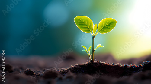 Green sapling sprouts on blue blurred background, creative startup investment success