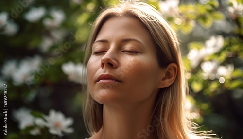 Young woman enjoying the outdoors  eyes closed  smiling in nature generated by AI