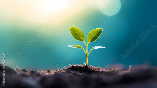 Green sapling sprouts on blue blurred background, creative startup investment success