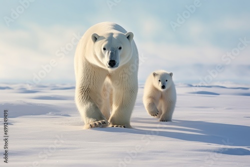 polar bear walking in the snow with its cub