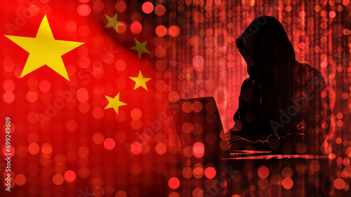 Hacker with China flag. Man computer geek in hood. Cyber developer from PRK. Hacker threat from China. Man computer scientist sits at table. White hat hacker protects China cyberspace. 3d image