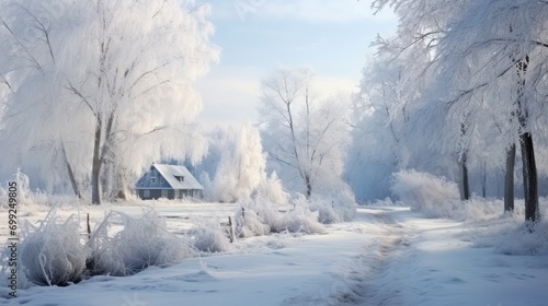 Winter landscape, beautiful snowy landscape in sunny weather in a village outside the city, Russian frosty winter © Gizmo