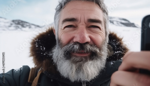 Smiling man in warm clothing enjoys winter adventure in mountains generated by AI