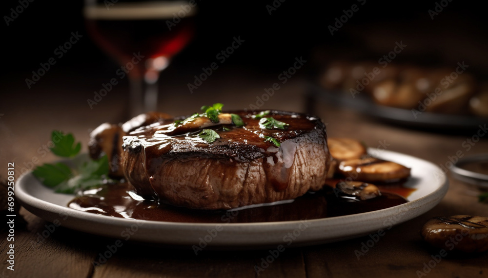 Grilled steak, cooked fillet, ready to eat, selective focus, savory sauce generated by AI Grilled steak, cooked fillet, ready to eat, selective focus, savory sauce generated by AI