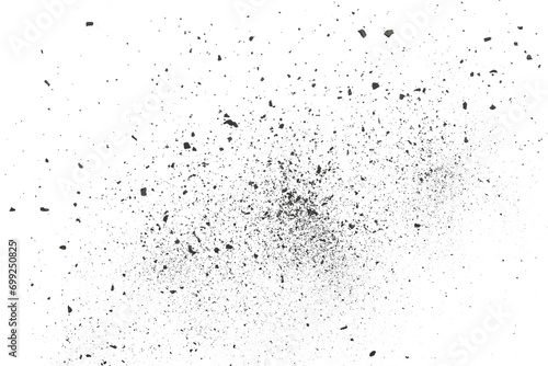 Fotografia Black chalk pieces and dust flying, effect explode isolated on white