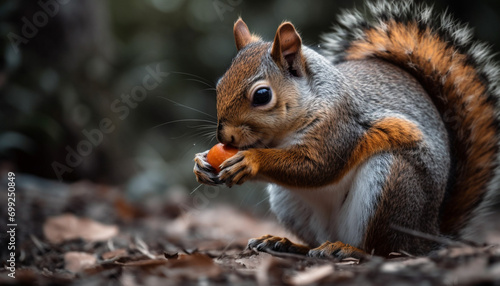 A cute fluffy squirrel eating a nut in the autumn forest generated by AI