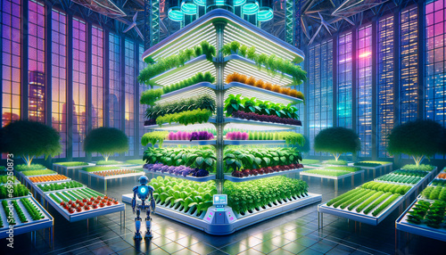 Whimsical indoor vertical farm with vibrant plants and friendly robotic assistants. photo