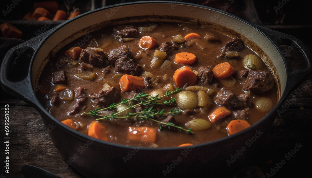 A hearty beef stew, cooked with carrots and onions, ready to eat generated by AI A hearty beef stew, cooked with carrots and onions, ready to eat generated by AI
