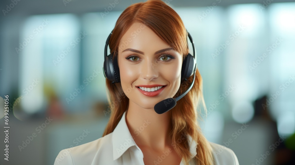 Pretty woman works in a customer center with headset, headphone and microphone Pretty woman works in a customer center with headset, headphone and microphone