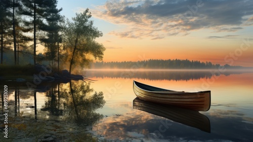 A peaceful sunset scene on a calm lake with reflections and a rowing boat