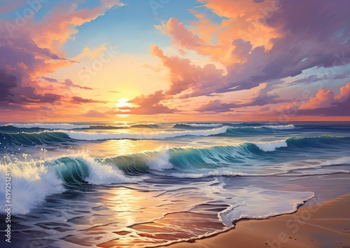 A serene beach sunset with shades of blue and orange, where the sky meets the ocean. © Sascha