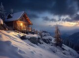 a wooden cabin standing on snowy mountain top in winter 