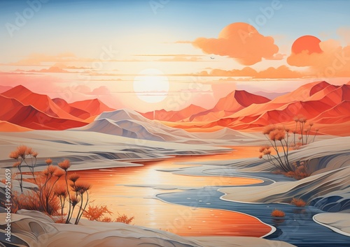 A surreal desert landscape  with sand dunes transitioning from warm orange to cool blue tones.