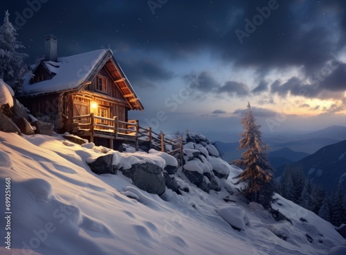 a wooden cabin standing on snowy mountain top in winter  © grigoryepremyan
