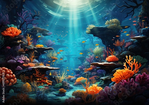 A vibrant underwater world, with coral reefs showcasing a range of blue and orange hues.