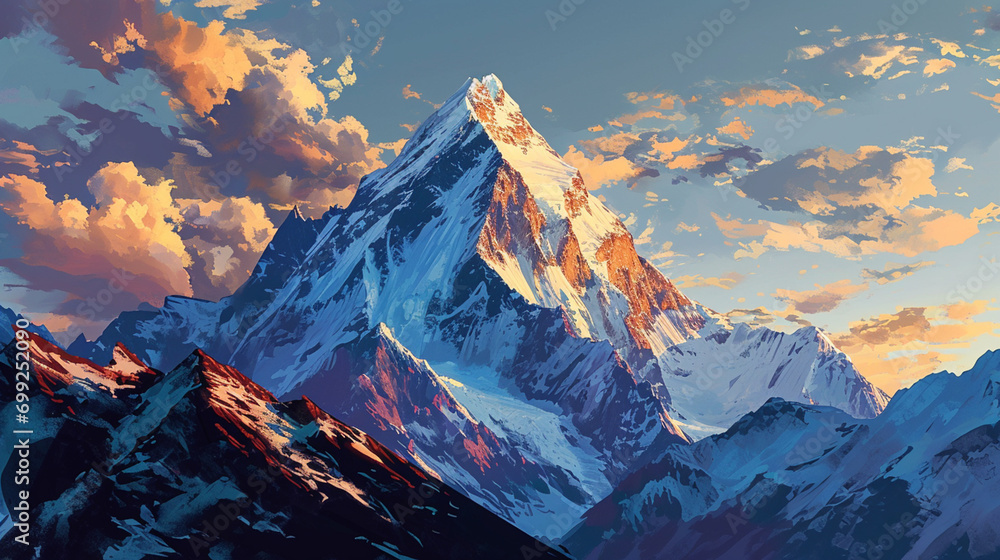 An artistic interpretation of Mount Everest at twilight, the peak touching the sky.