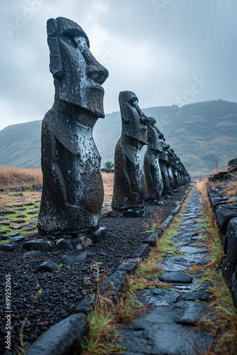 A mystical image of the Easter Island statues (Moai) at twilight.