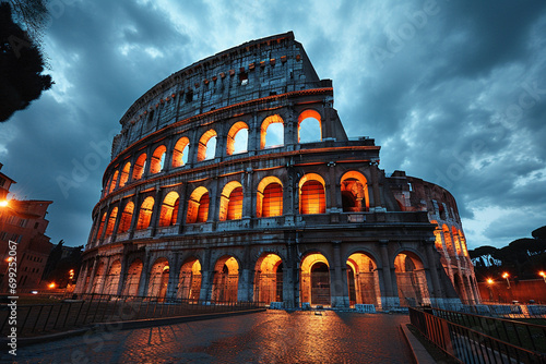 A stunning view of the Roman Colosseum under a starry sky, lit by torches.