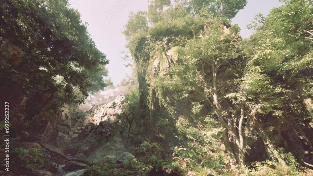 A serene river flowing through a vibrant green forest A serene river flowing through a vibrant green forest