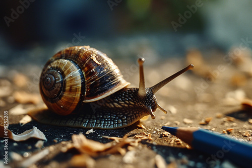 A whimsical creation of a snail, its shell spiraling with layers of pencil shavings.