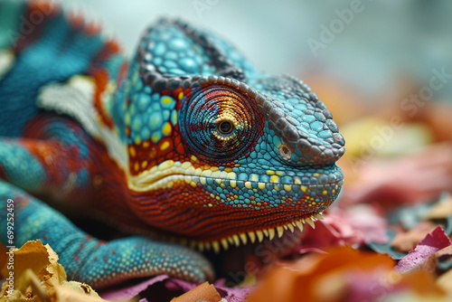 An imaginative portrayal of a chameleon, its skin a patchwork of multi-colored pencil shavings.