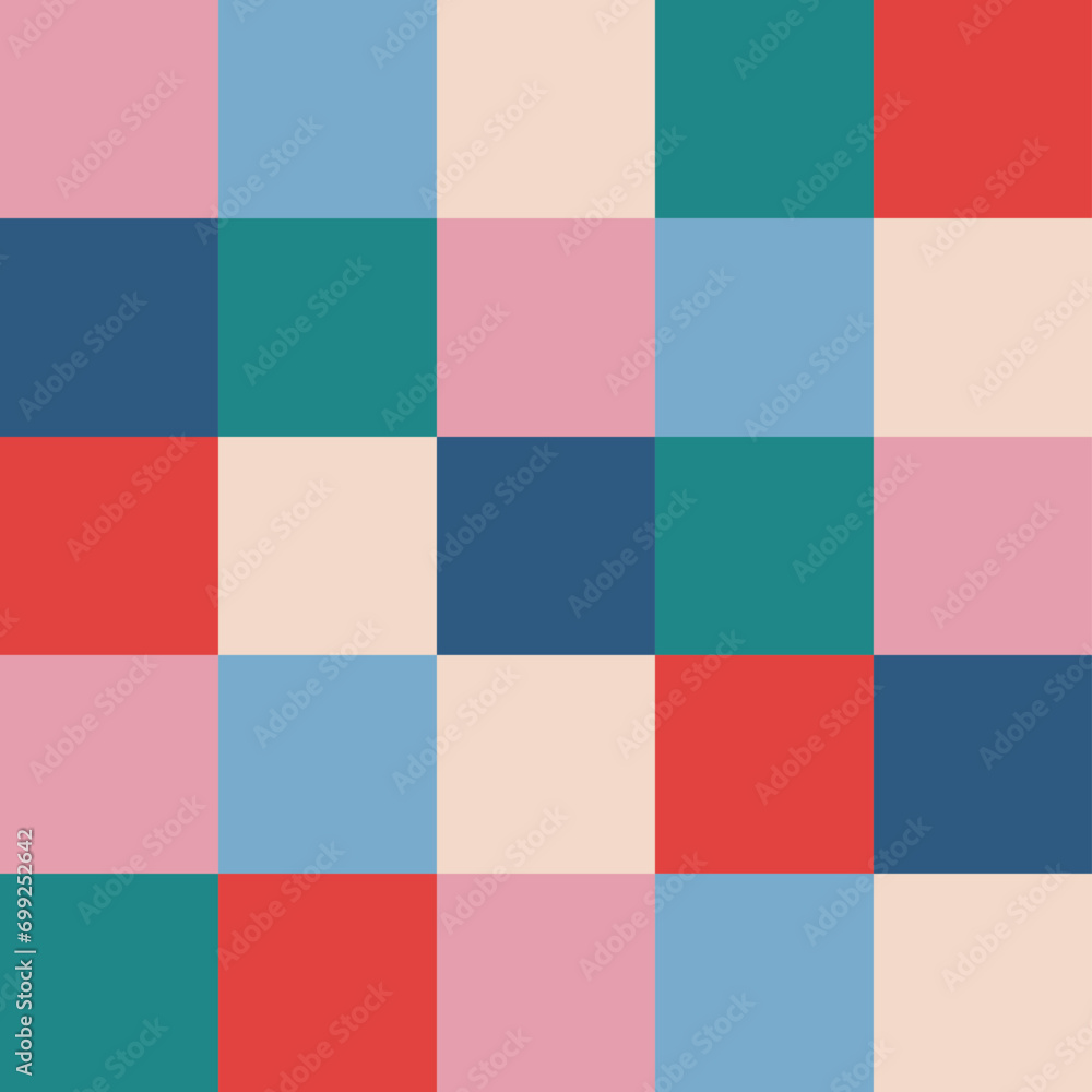 Playful retro mosaic background. Colourful checkerboard pattern seamless. Backdrop with multicolor square in 70s 60s style