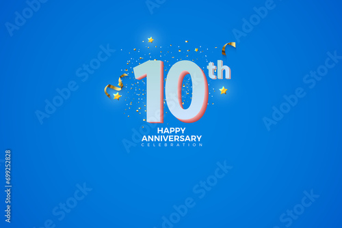 Tenth, 10th Anniversary celebration, 10 Anniversary celebration in Blue BG, stars, festive illustration, glitters and ribbons, white number 10 sparkling confetti, 10,11 photo