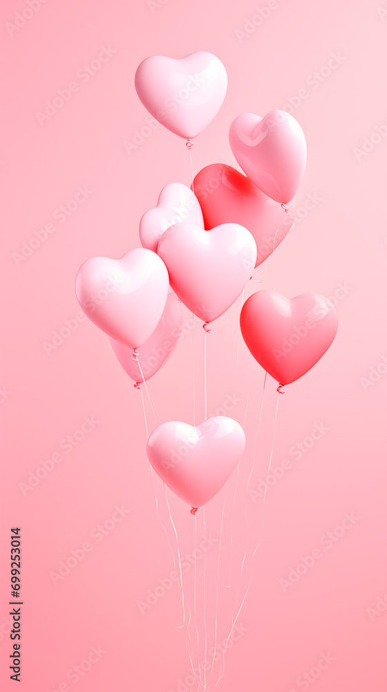 Air Balloons of heart shaped foil on pastel pink background. Love concept. Holiday celebration. Valentine's Day or wedding party decoration. 